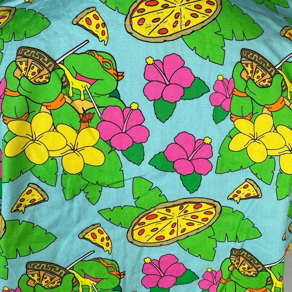 Teenage Mutant Ninja Turtle Pizza and Flowers Button Down Shirt, Blue Small - Picture 7 of 10